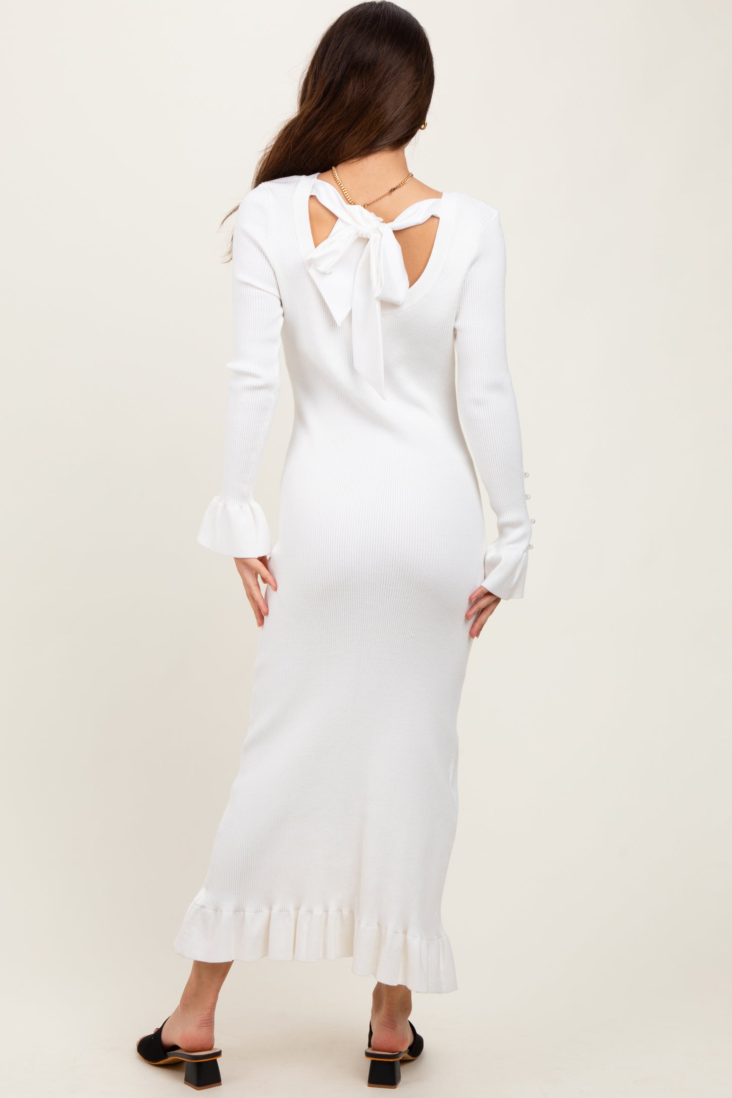 Ivory Ribbed Knit Bow Back Maxi Dress PinkBlush Ivory Ribbed Knit Bow Back Maxi Dress PinkBlush