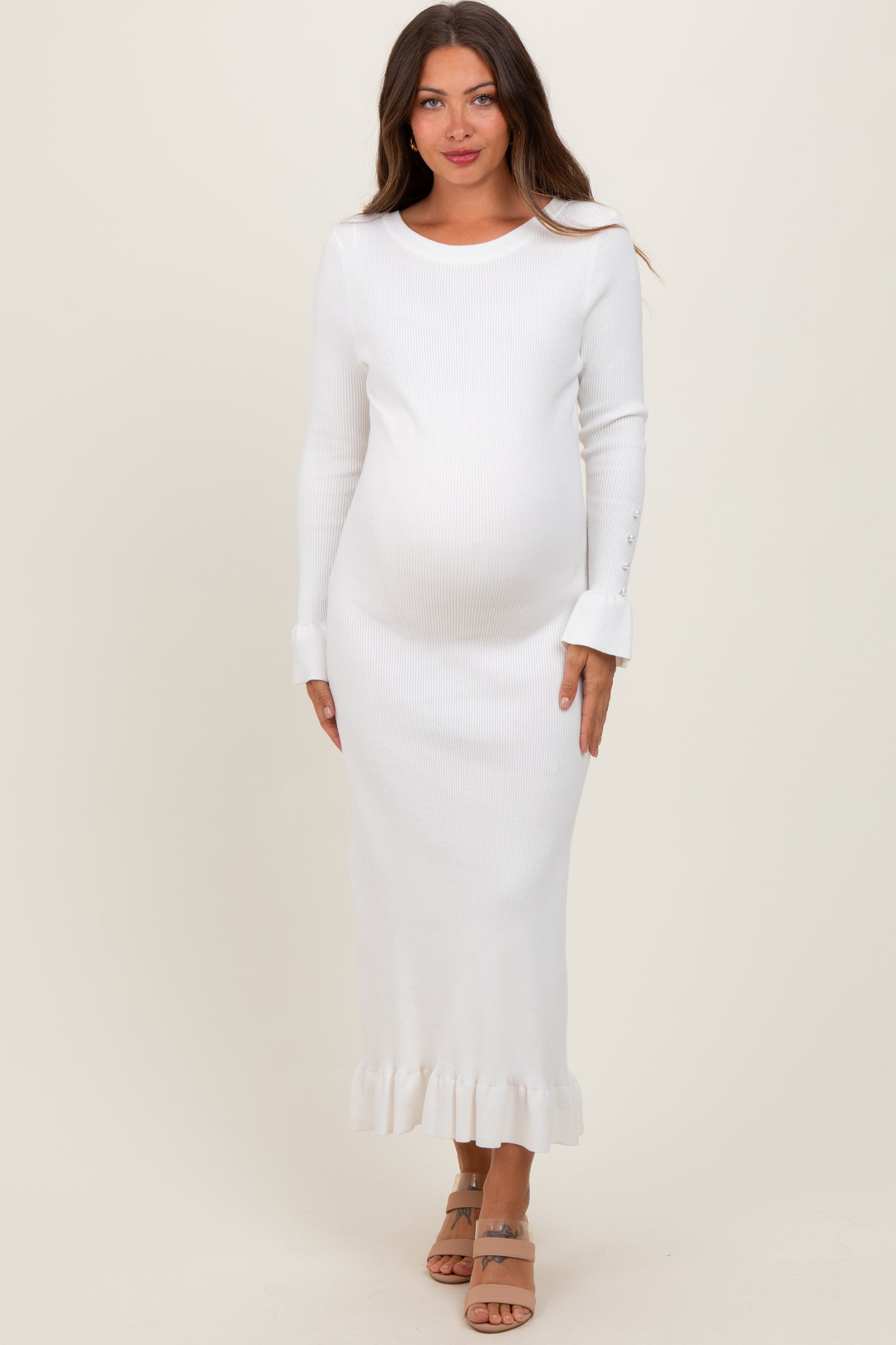 Ivory Ribbed Knit Bow Back Maternity Maxi Dress – PinkBlush