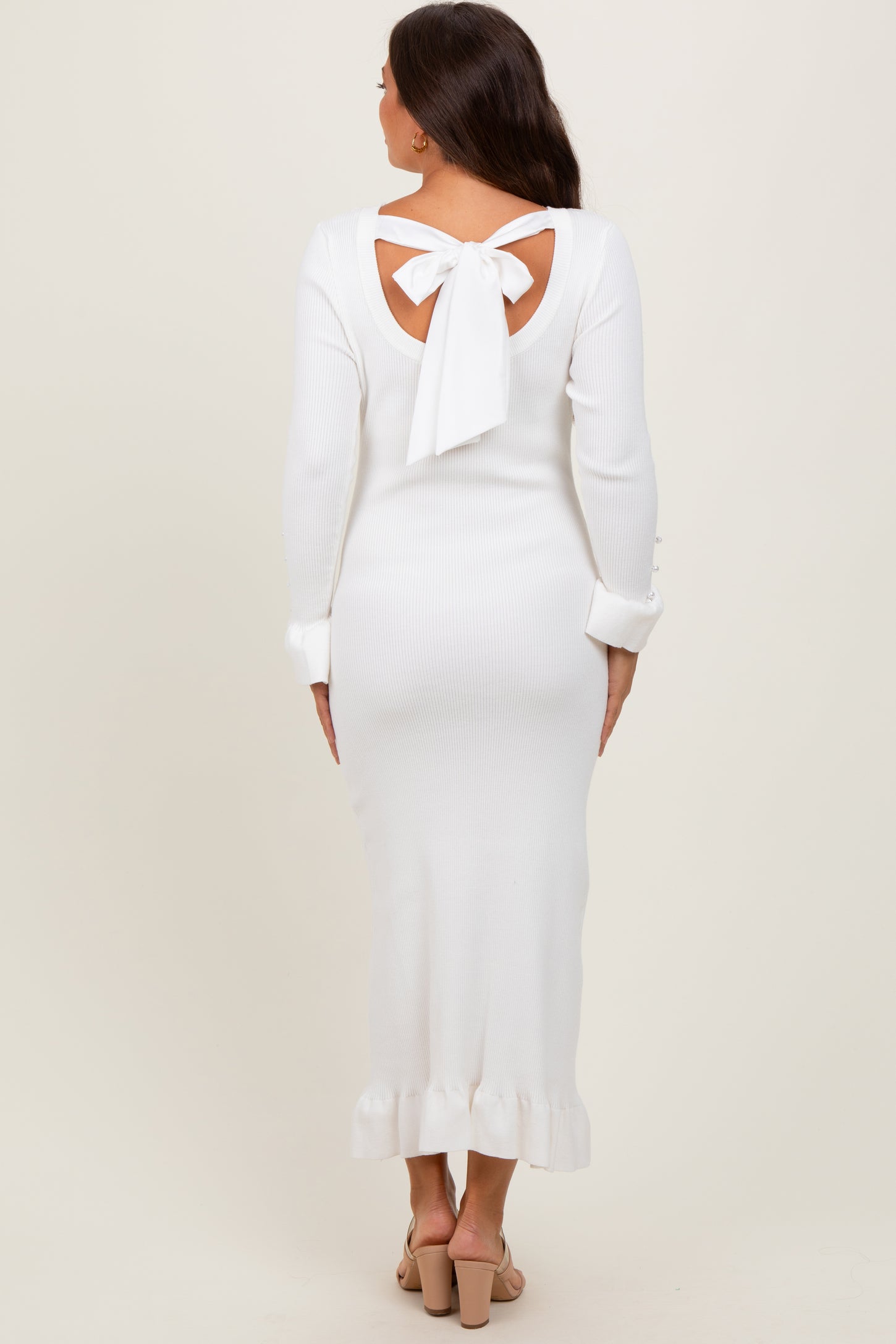 Ivory Ribbed Knit Bow Back Maternity Maxi Dress