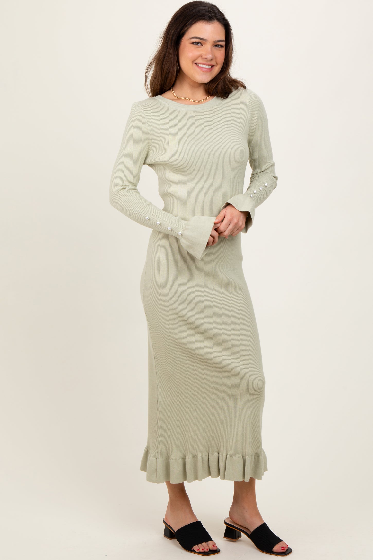 Light Olive Ribbed Knit Bow Back Maxi Dress