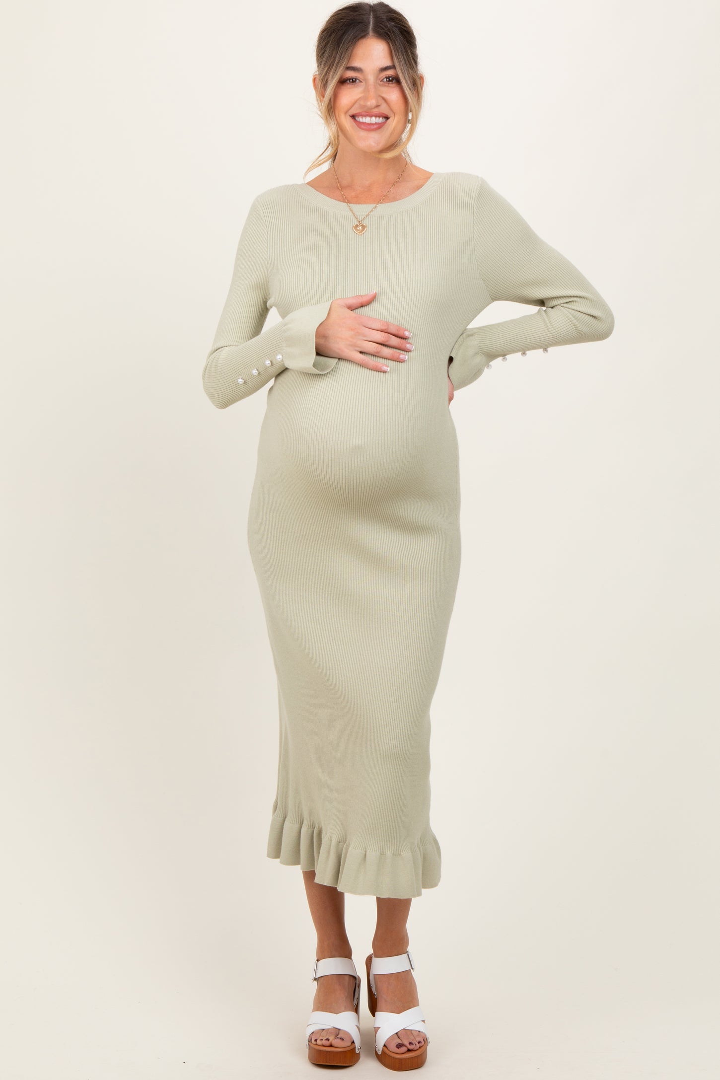 womens maternity maxi dress Light Olive Satin Pleated V-Neck Maternity Maxi Dress PinkBlush