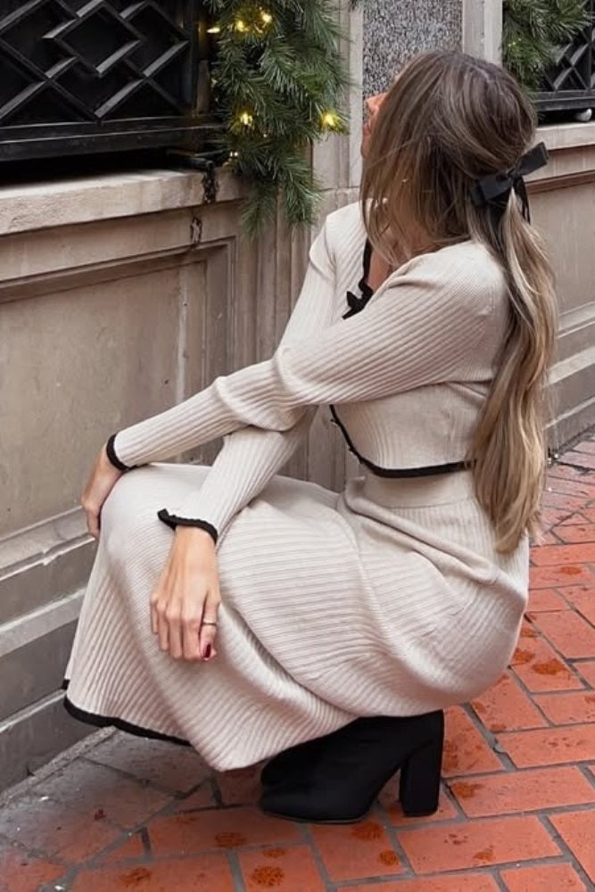 Cream Contrast Bow Ribbed Knit Crop Top And Midi Skirt Set