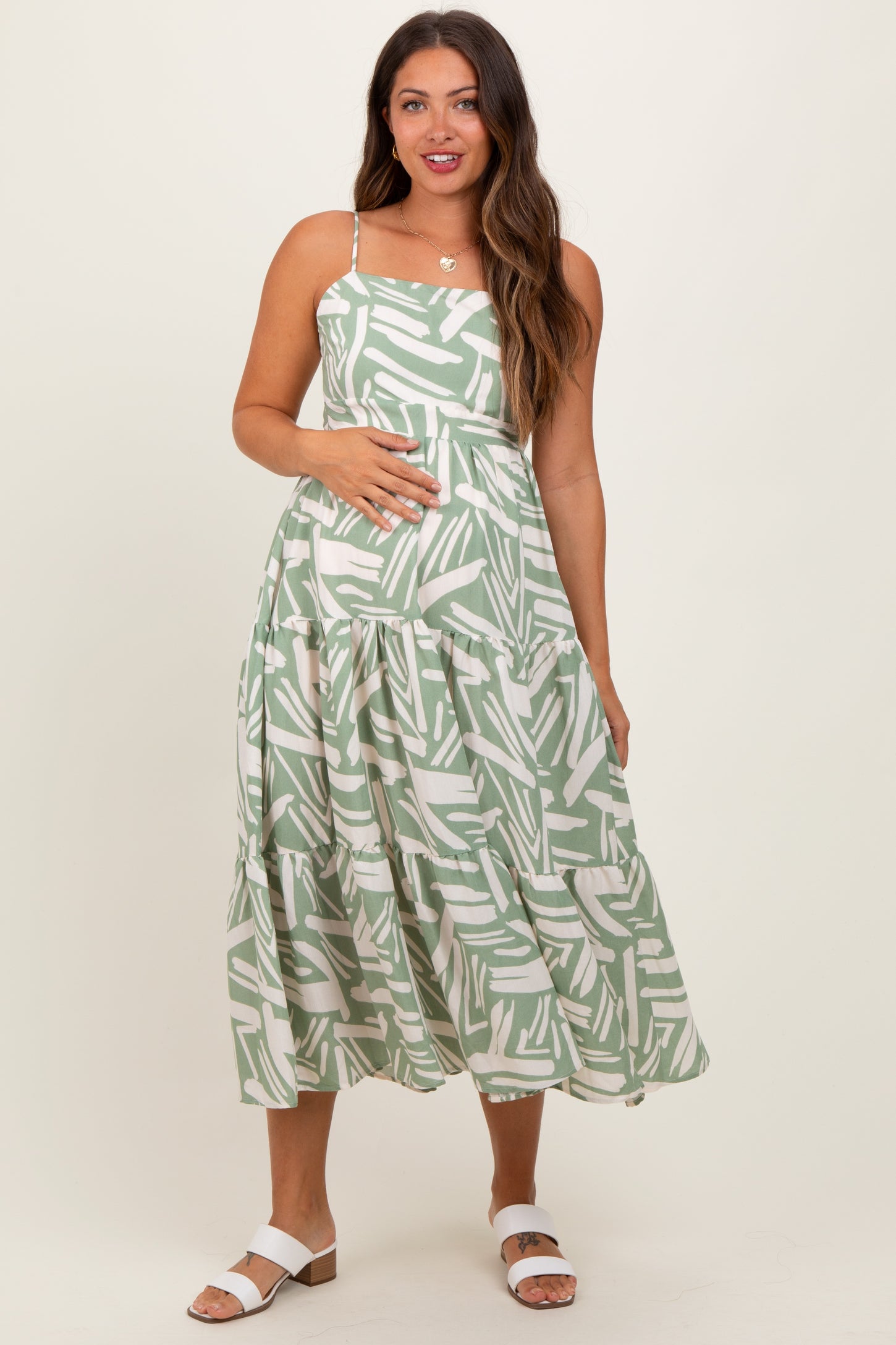 Light Olive Printed Cutout Tie Back Tiered Maternity Midi Dress