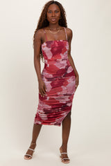 Pink Abstract Floral Ruched Side Slit Midi Dress