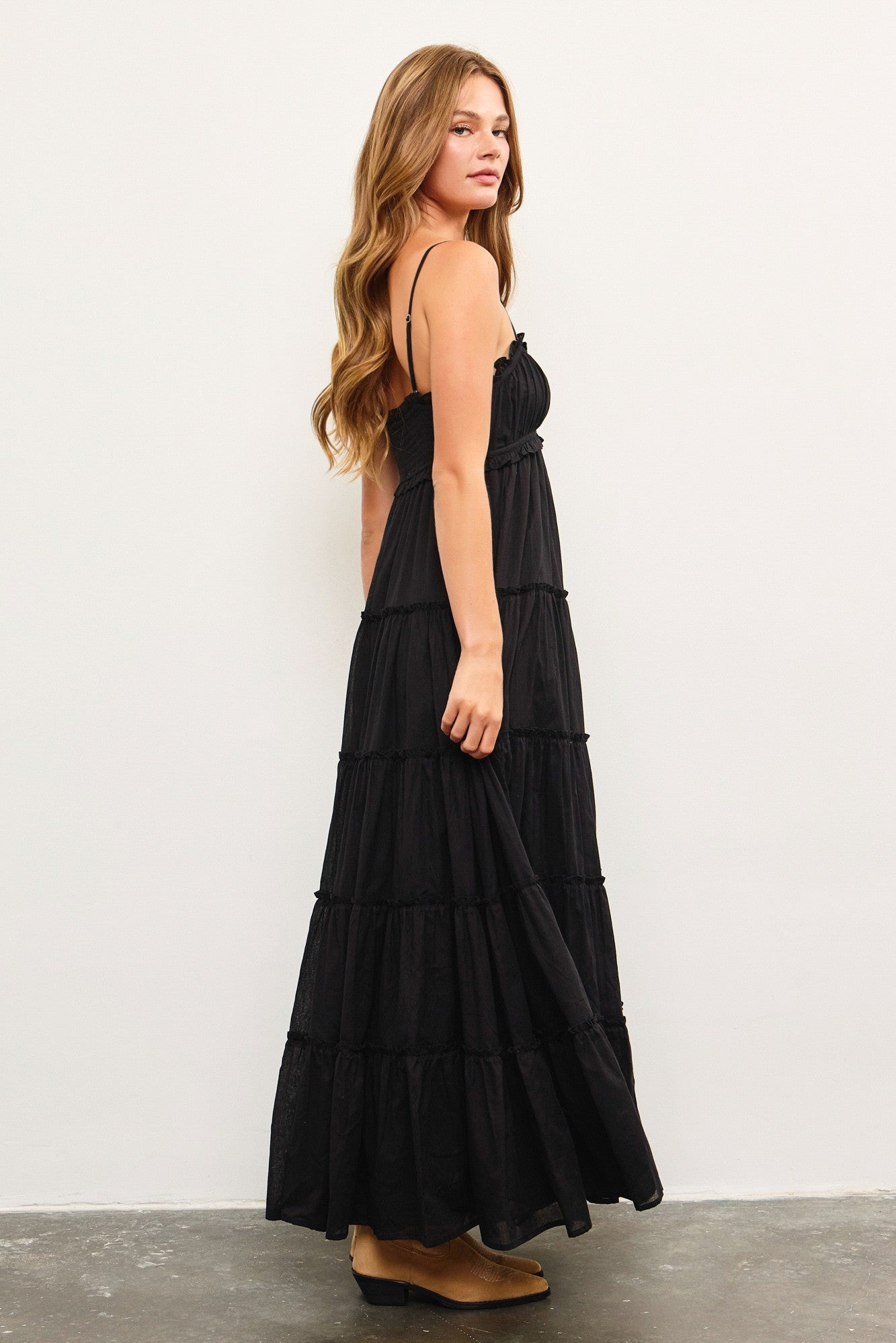 Black Shirred Bust Ruffle Tiered Maxi Dress