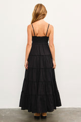 Black Shirred Bust Ruffle Tiered Maxi Dress