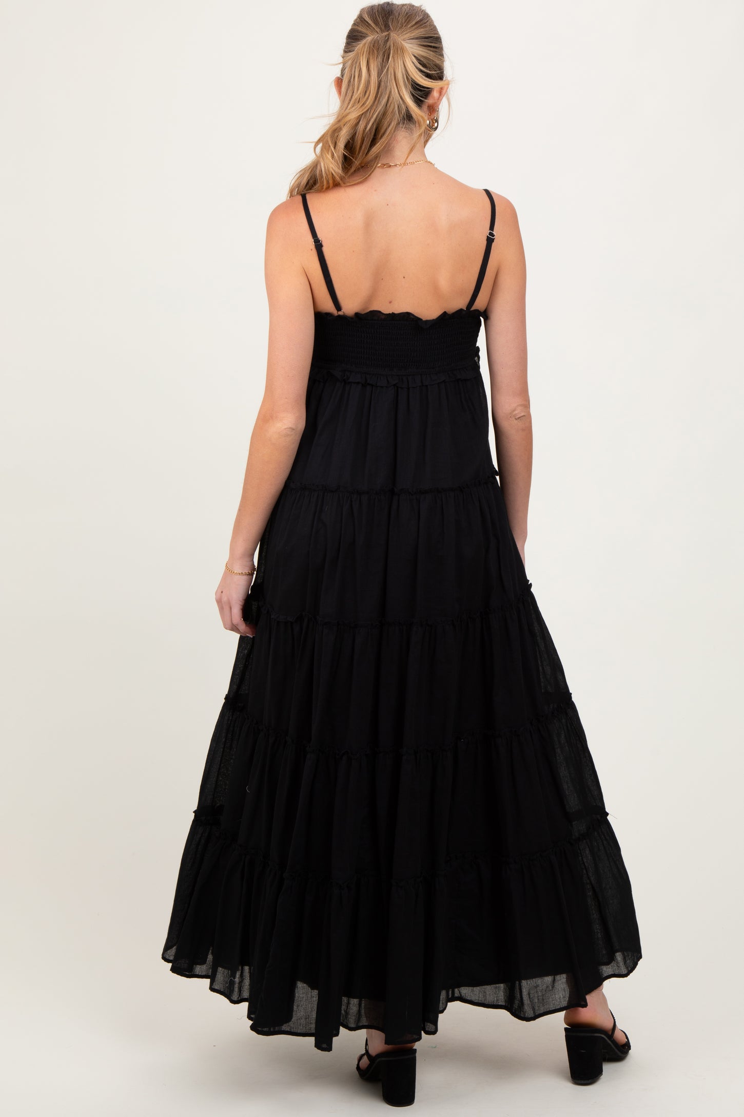 Black Shirred Bust Ruffle Tiered Maternity Maxi Dress