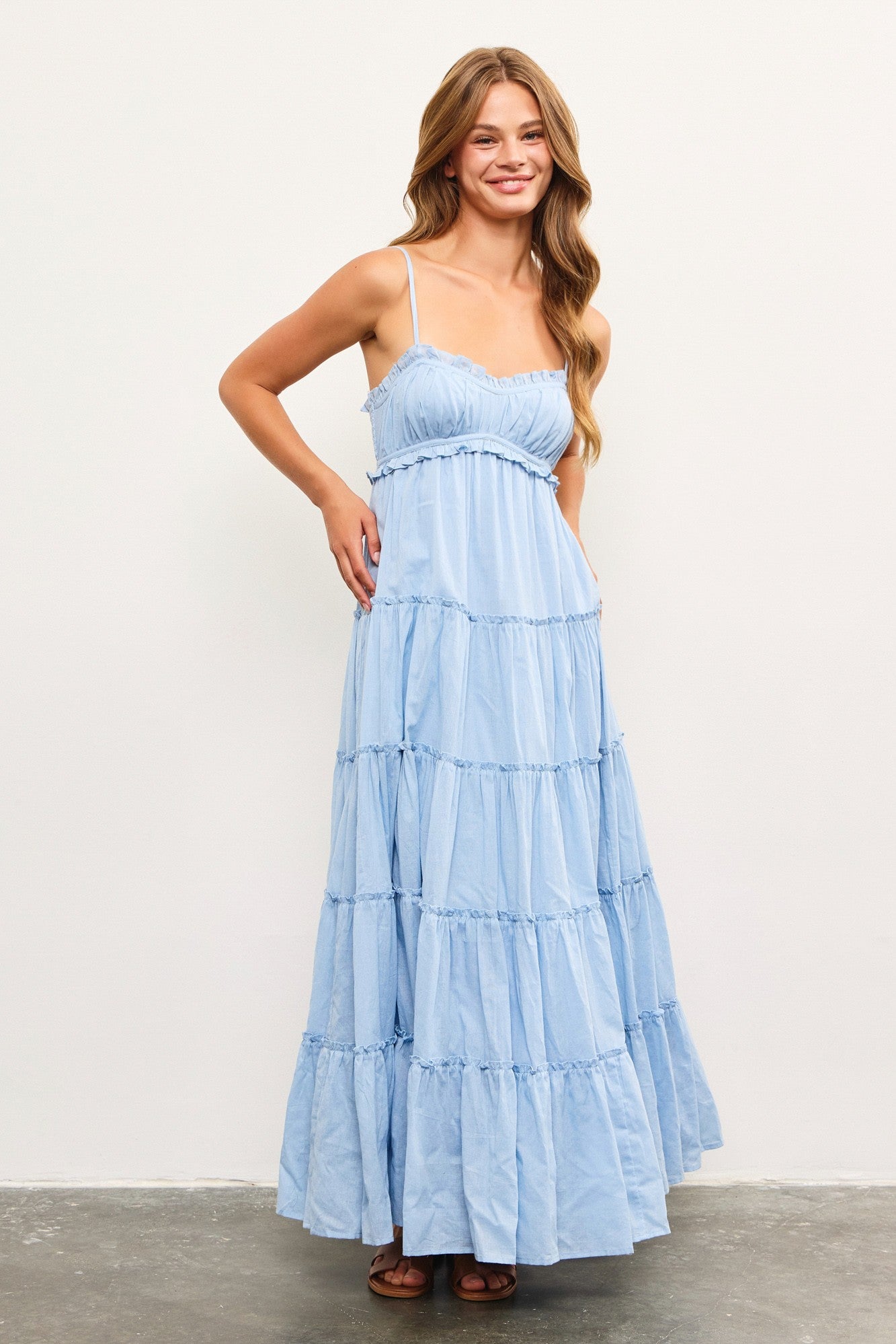 Light Blue Shirred Bust Ruffle Tiered Maternity Maxi Dress