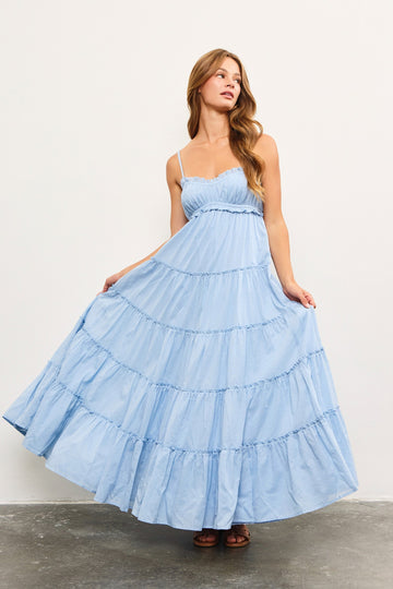 Light Blue Shirred Bust Ruffle Tiered Maxi Dress