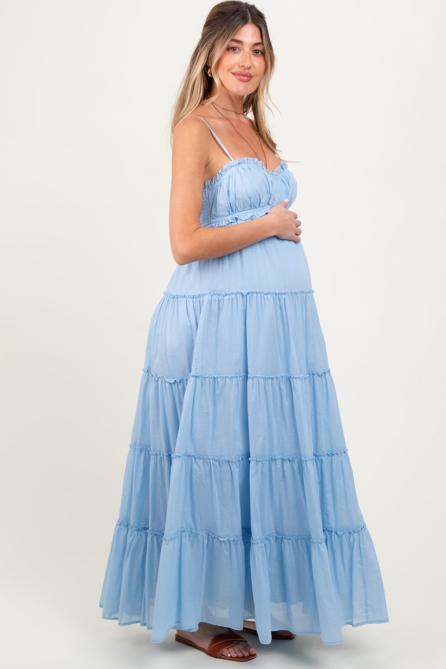 Light Blue Shirred Bust Ruffle Tiered Maternity Maxi Dress
