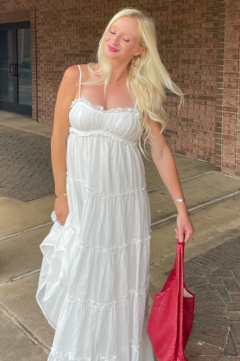 White Shirred Bust Ruffle Tiered Maxi Dress