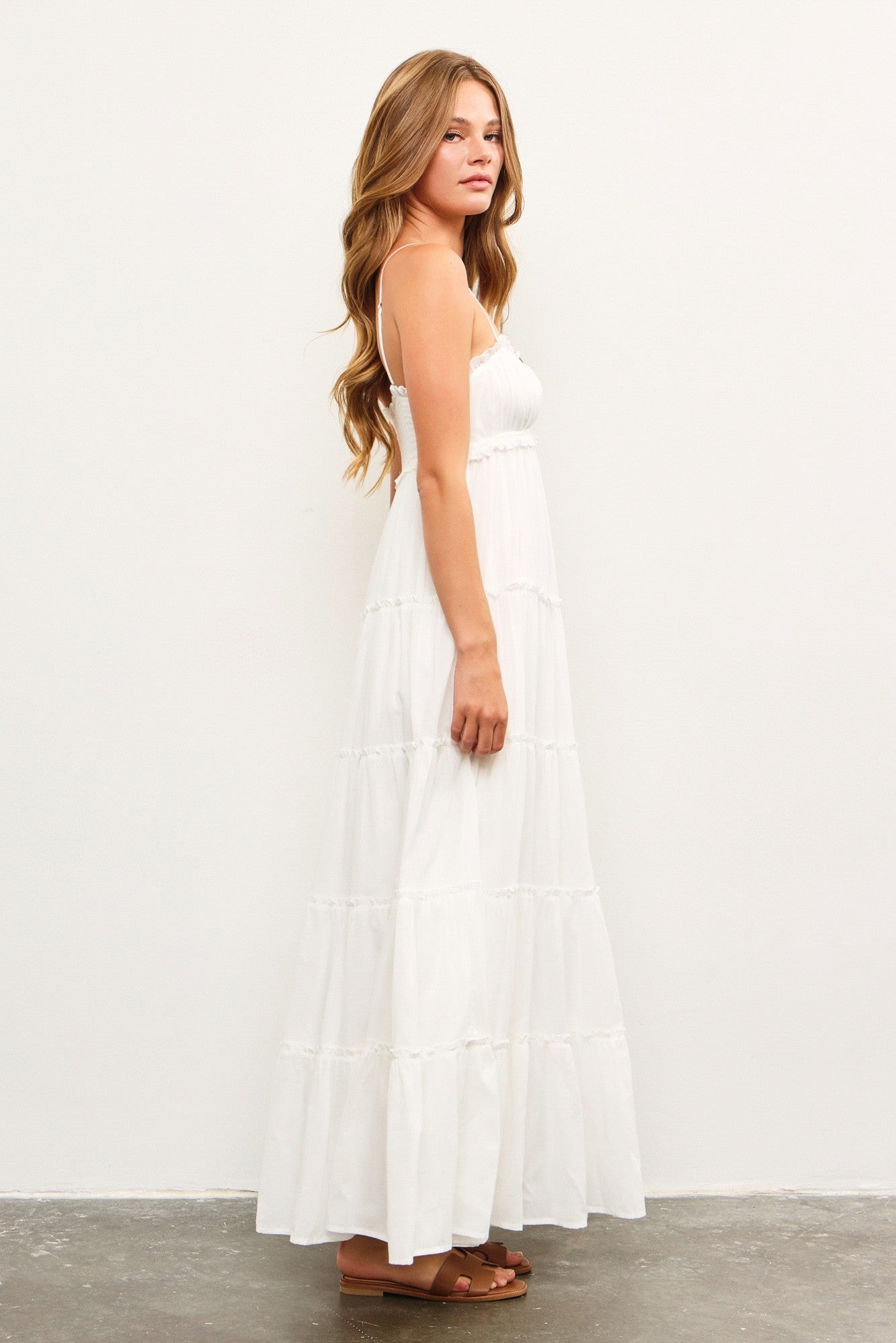 White Shirred Bust Ruffle Tiered Maxi Dress