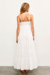 White Shirred Bust Ruffle Tiered Maxi Dress