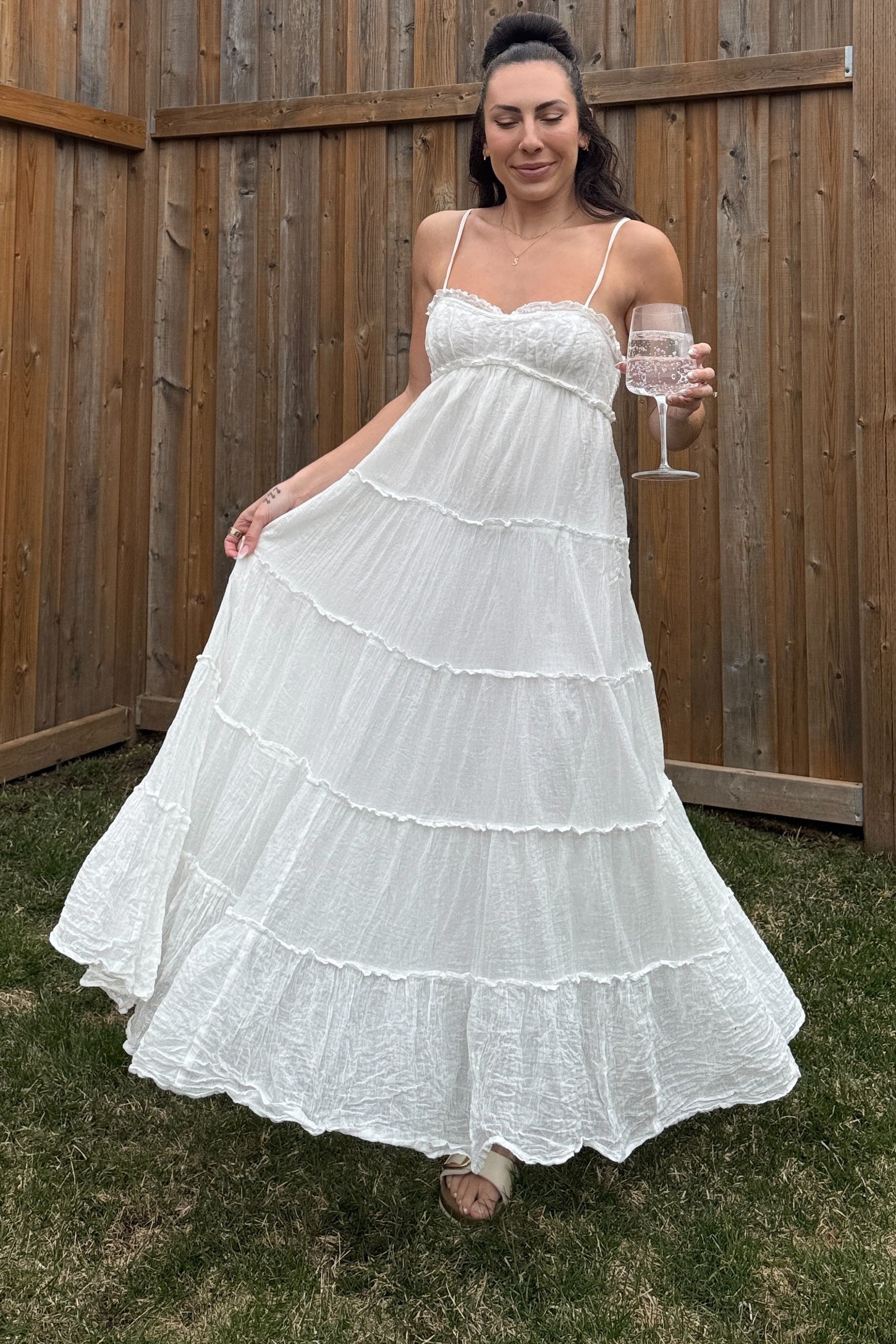White Shirred Bust Ruffle Tiered Maxi Dress