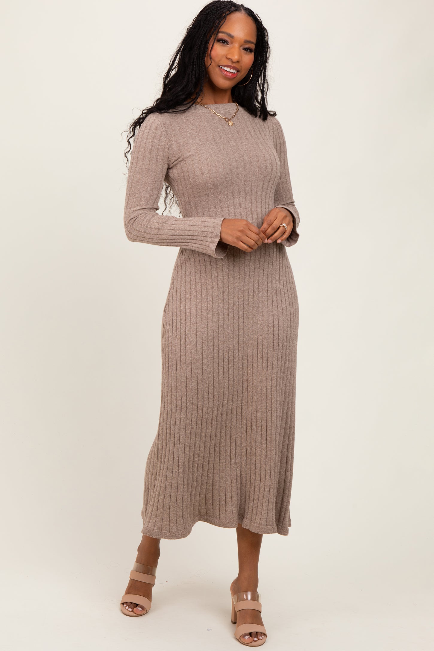Light Mocha Ribbed Knit Midi Sweater Dress