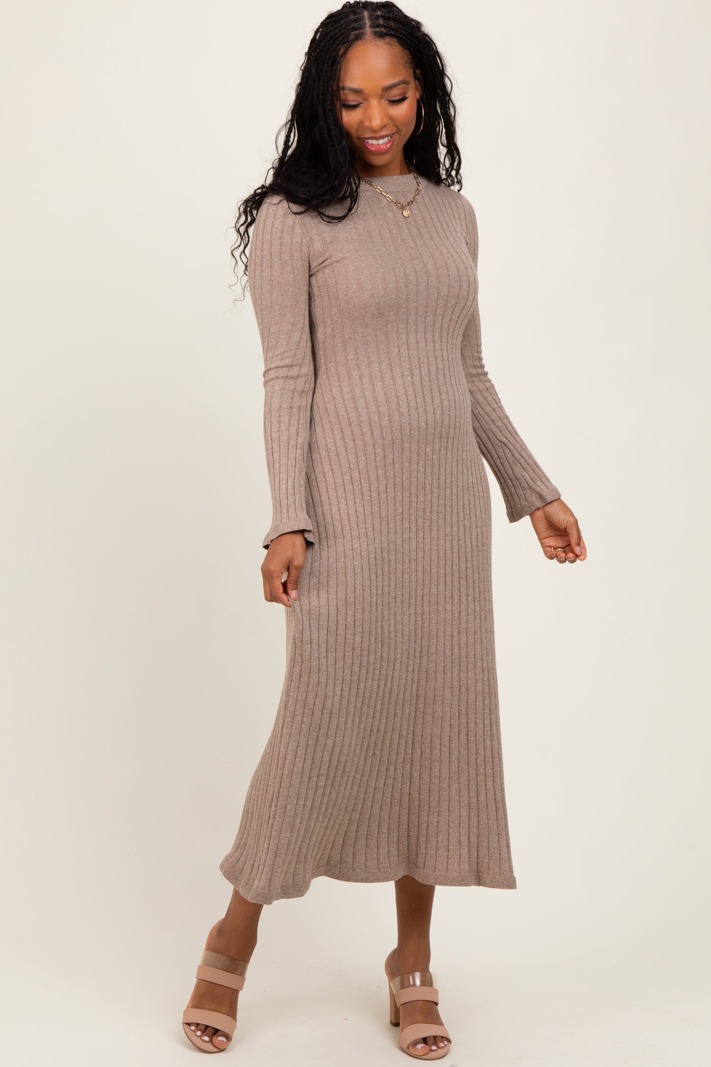 Light Mocha Ribbed Knit Midi Sweater Dress – PinkBlush