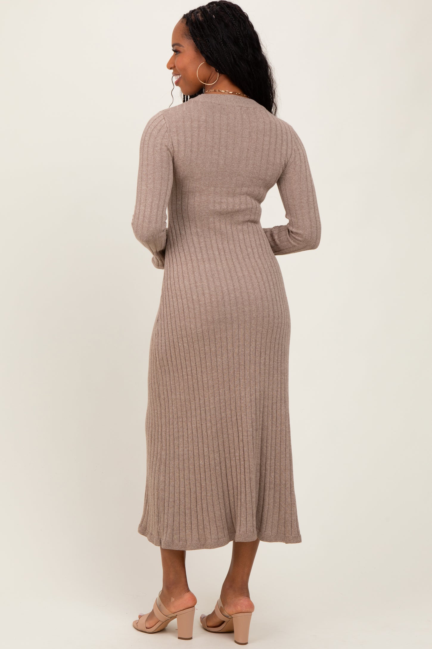 Light Mocha Ribbed Knit Midi Sweater Dress