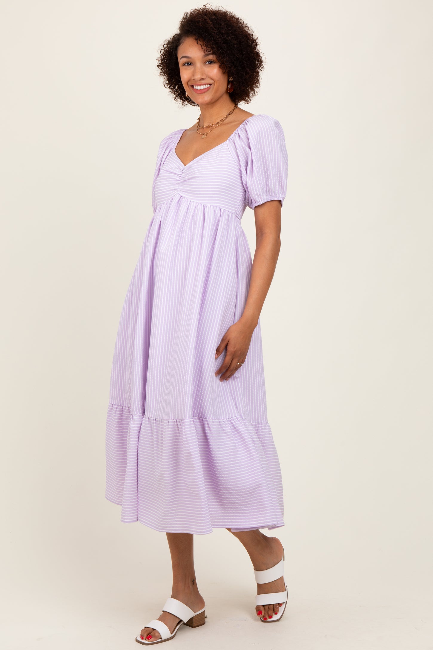 Lavender Sweetheart Stripe Smocked Back Midi Dress