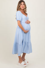 Light Blue Sweetheart Stripe Smocked Back Maternity Midi Dress