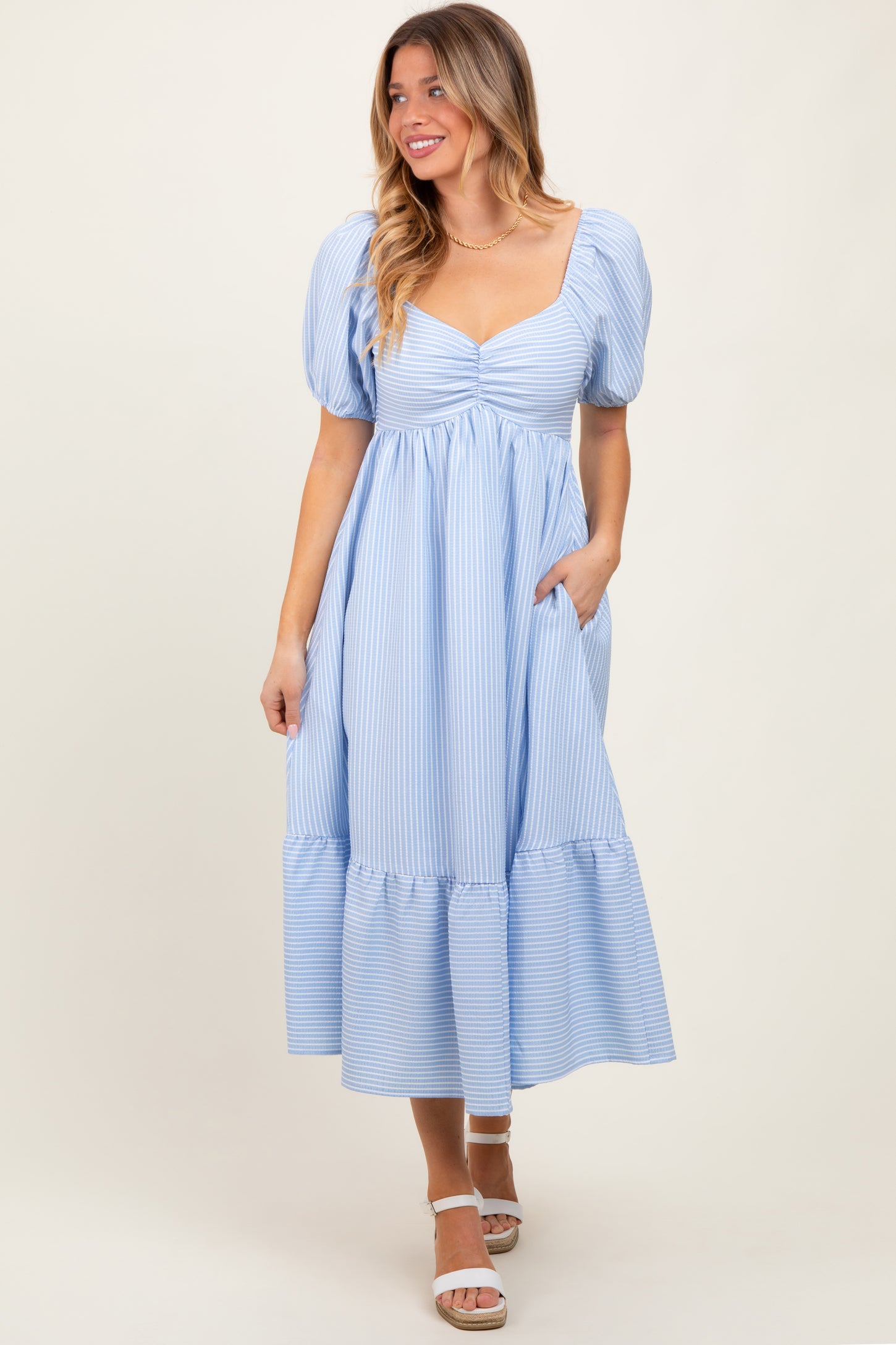 Light Blue Sweetheart Stripe Smocked Back Maternity Midi Dress – PinkBlush