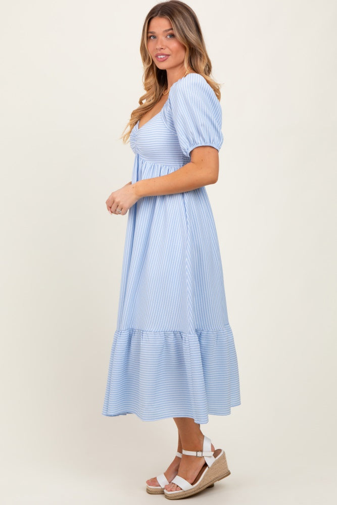 Light Blue Sweetheart Stripe Smocked Back Midi Dress