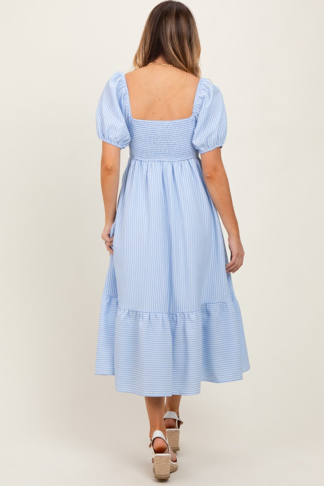 Light Blue Sweetheart Stripe Smocked Back Midi Dress