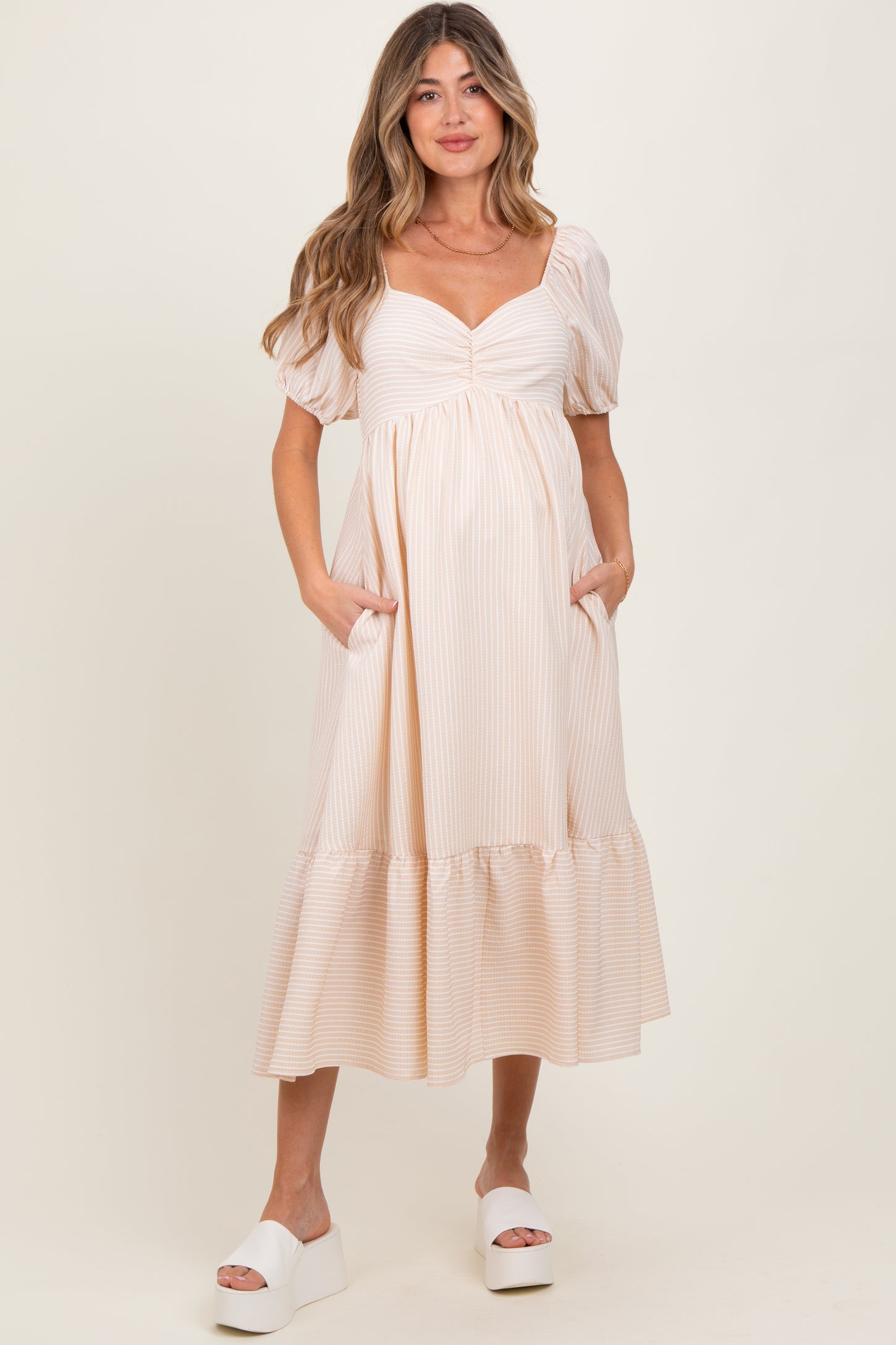 smocked midi maternity dress Green Gingham Smocked Shoulder Tie Maternity Midi Dress PinkBlush