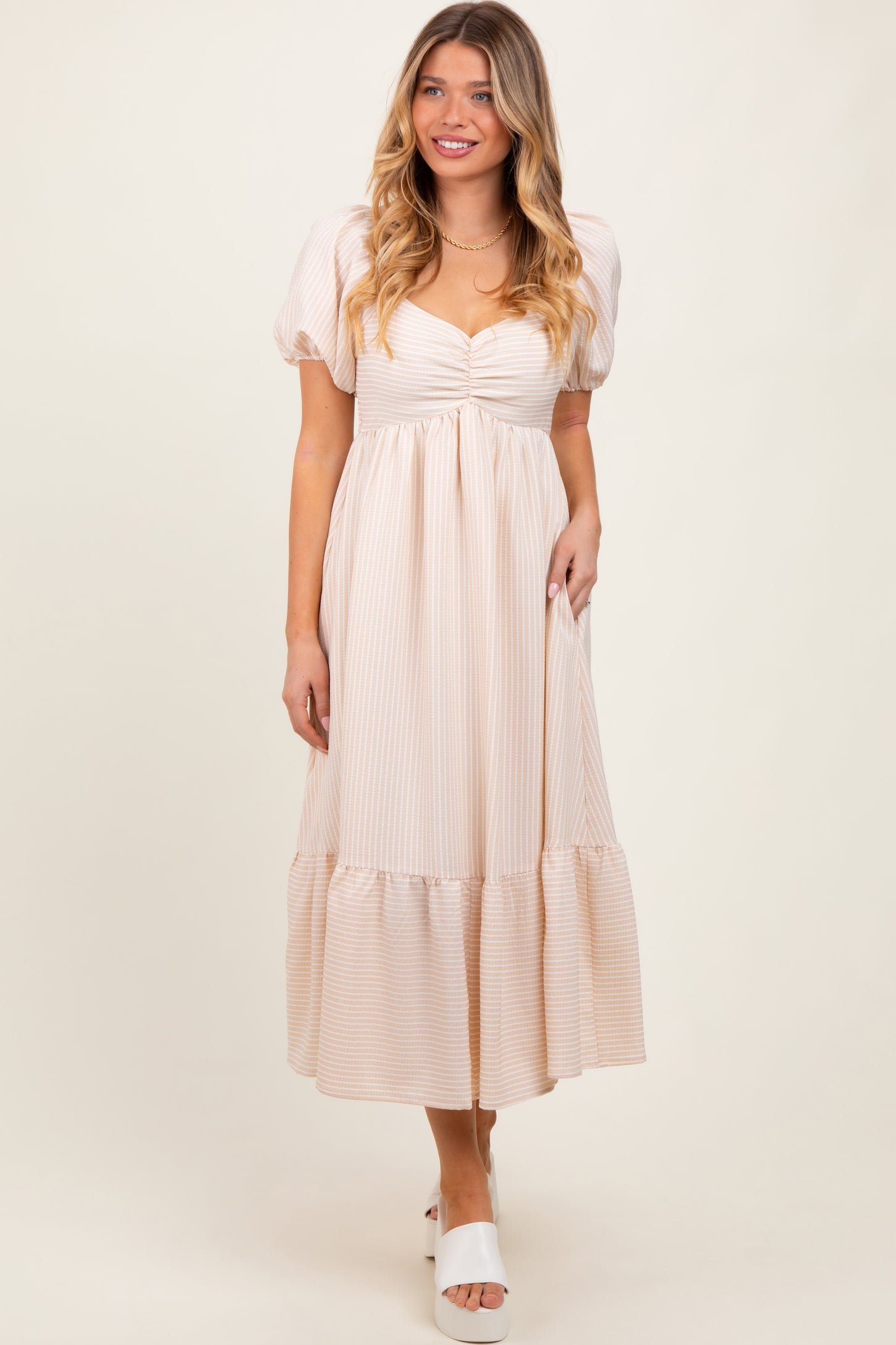 Beige Blue Sweetheart Stripe Smocked Back Midi Dress