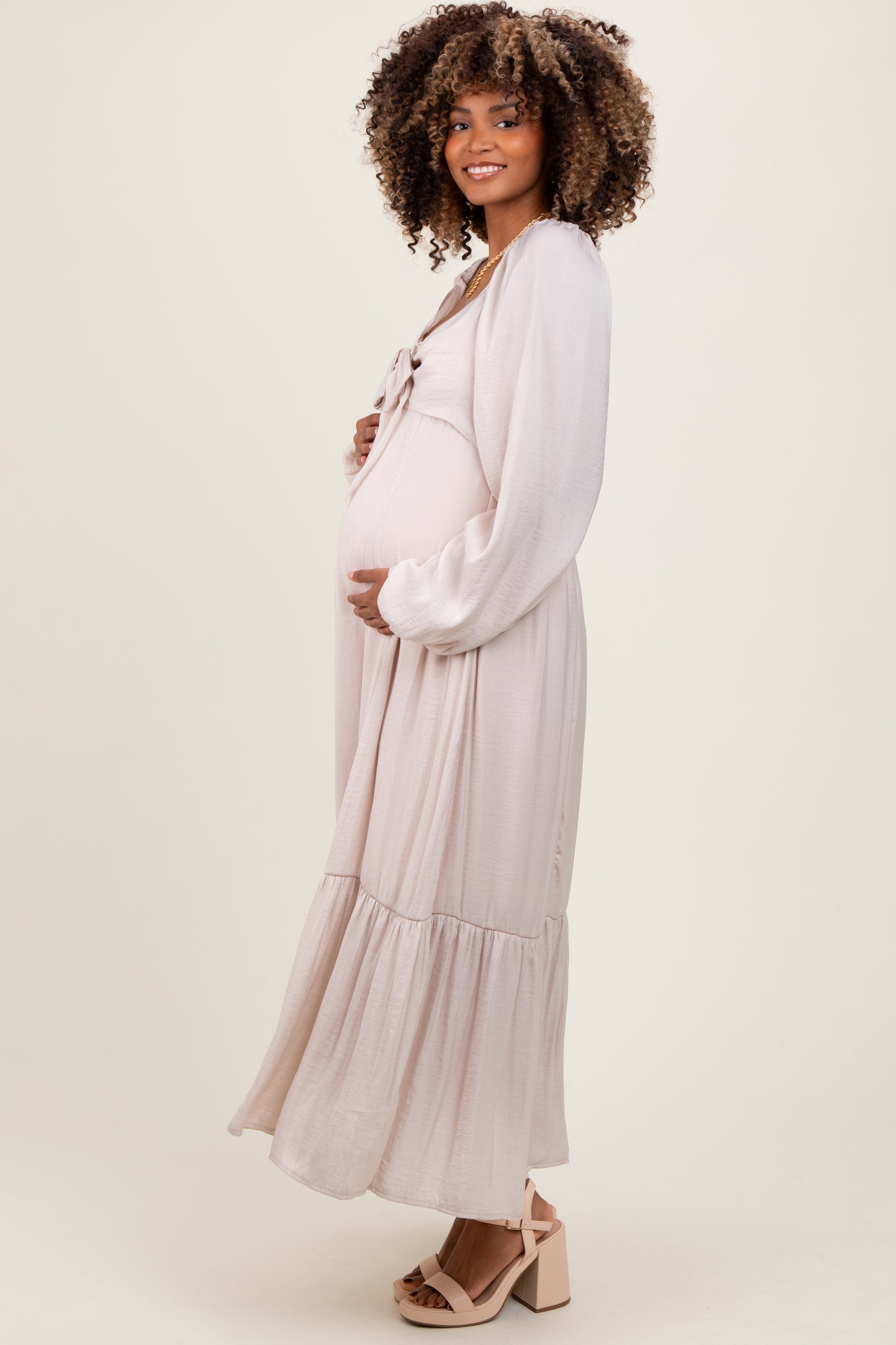 Beige Bow Satin Maternity Maxi Dress PinkBlush Beige Bow Satin Maternity Maxi Dress PinkBlush