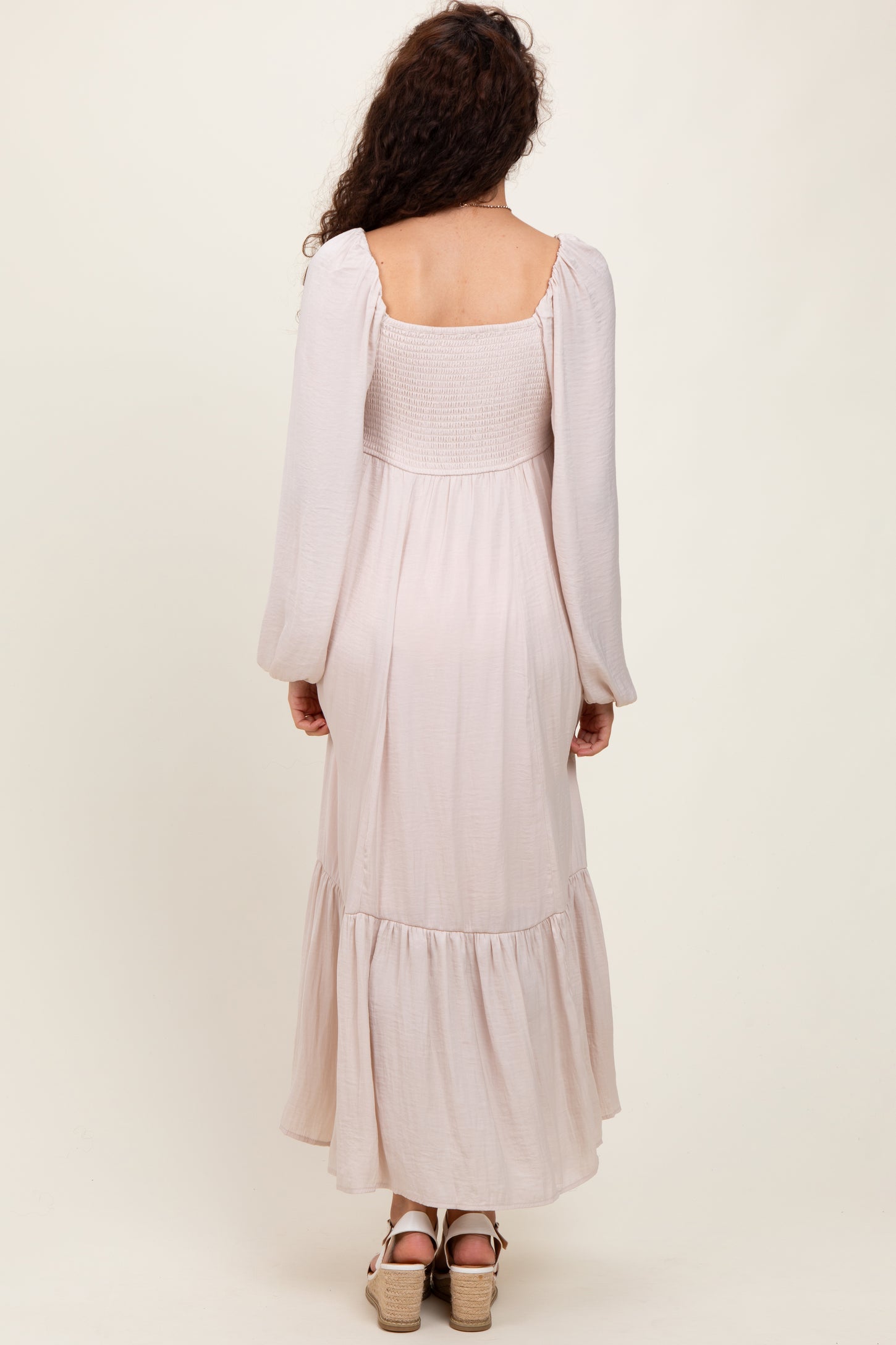 Beige Bow Satin Maxi Dress