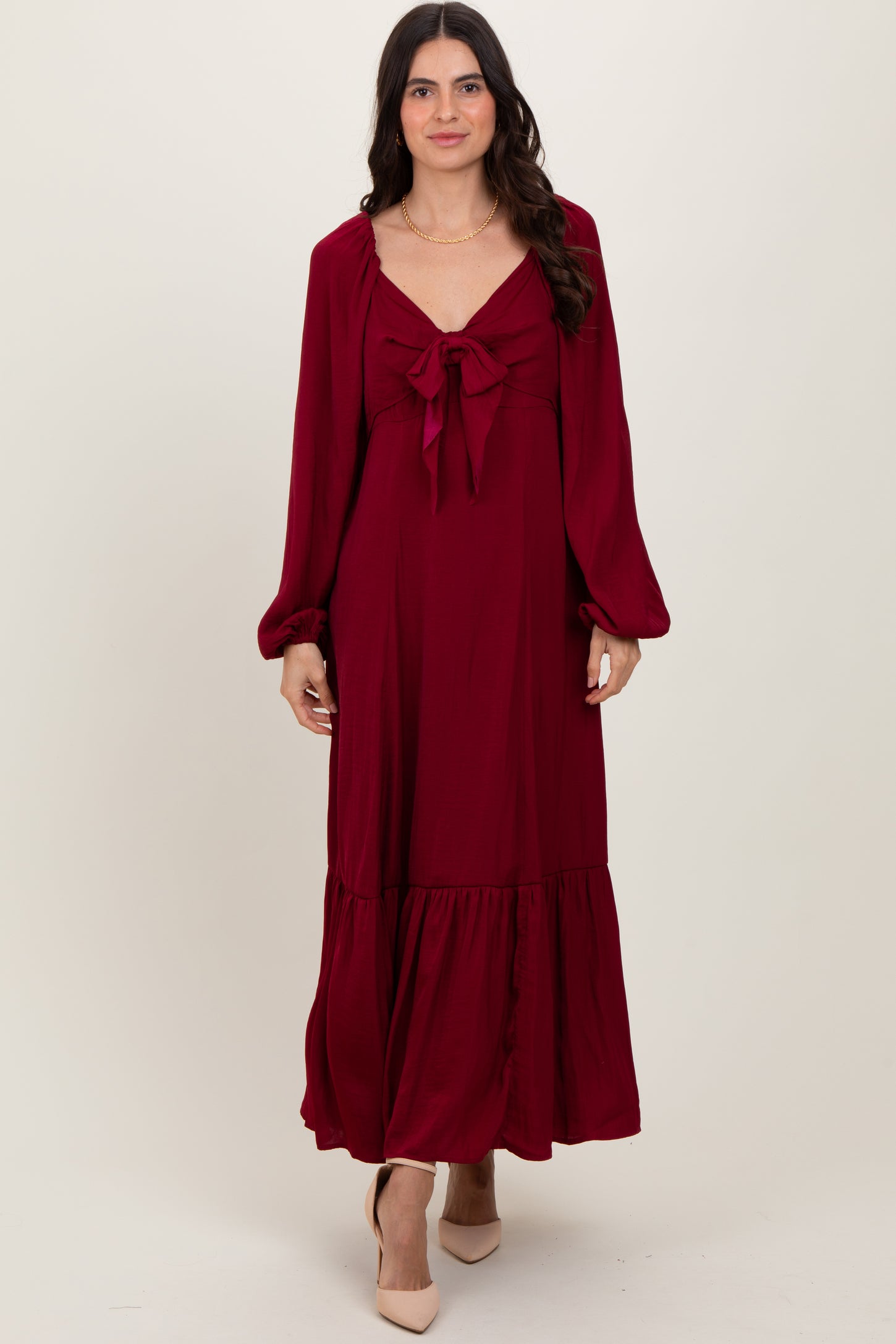 Burgundy Bow Satin Maxi Dress PinkBlush Burgundy Bow Satin Maxi Dress PinkBlush