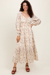Cream Raglan Sleeve Floral Button Maxi Dress