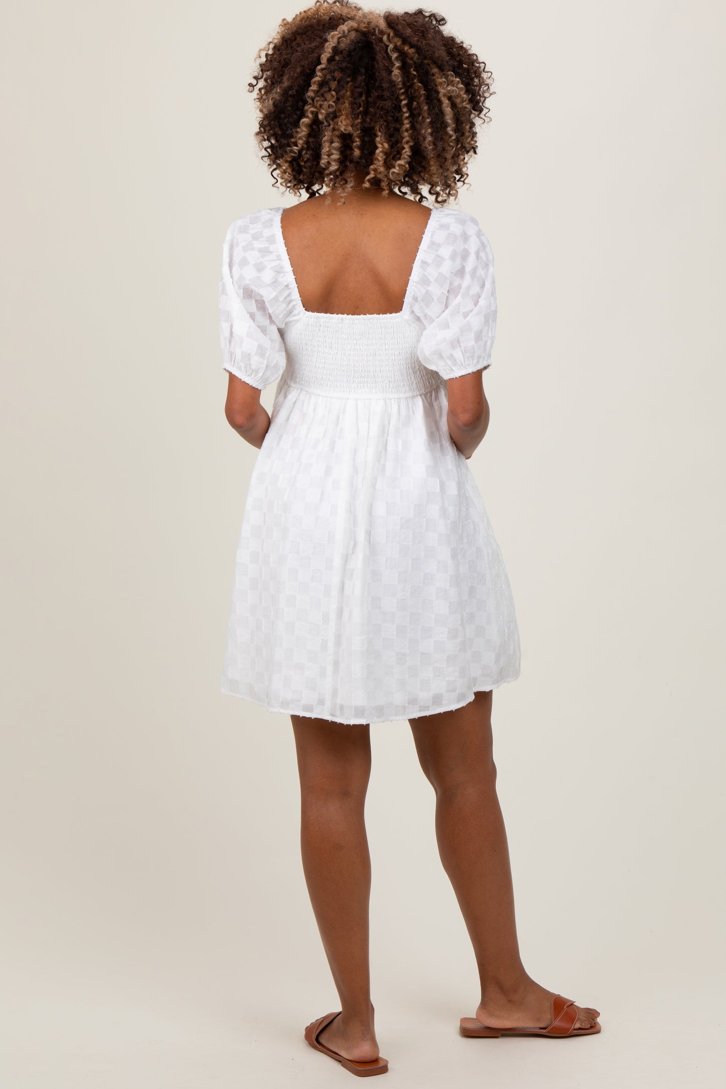 White Smocked Back Textured Babydoll Maternity Mini Dress
