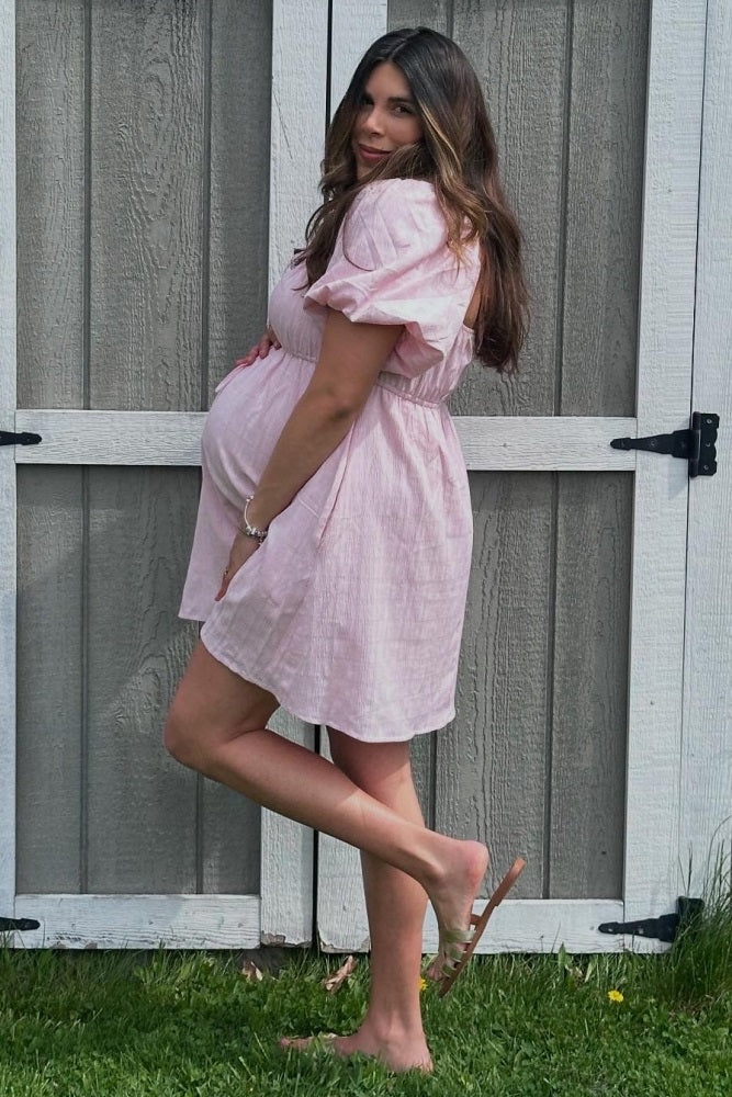 Pink Textured Bubble Sleeve Maternity Mini Dress