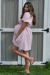 Pink Textured Bubble Sleeve Maternity Mini Dress