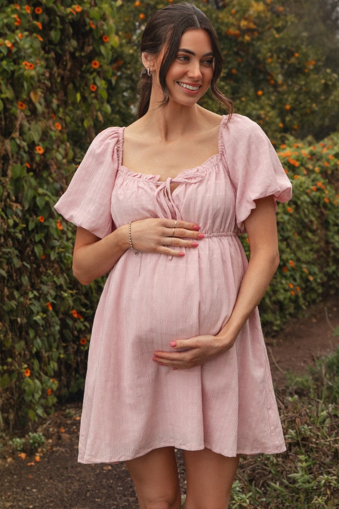 Pink Textured Bubble Sleeve Maternity Mini Dress