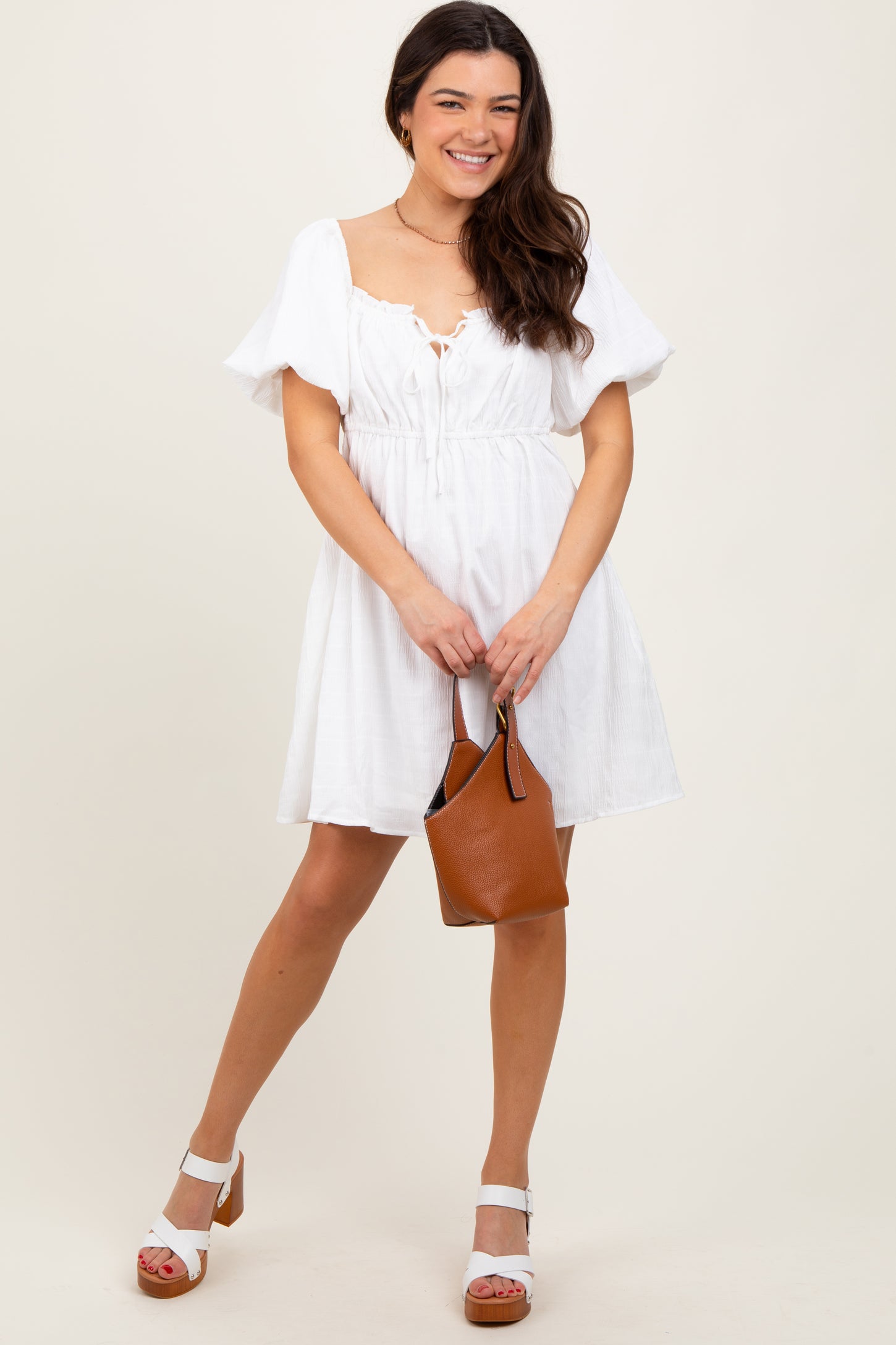 white maternity short dress White Textured Bubble Sleeve Maternity Mini Dress