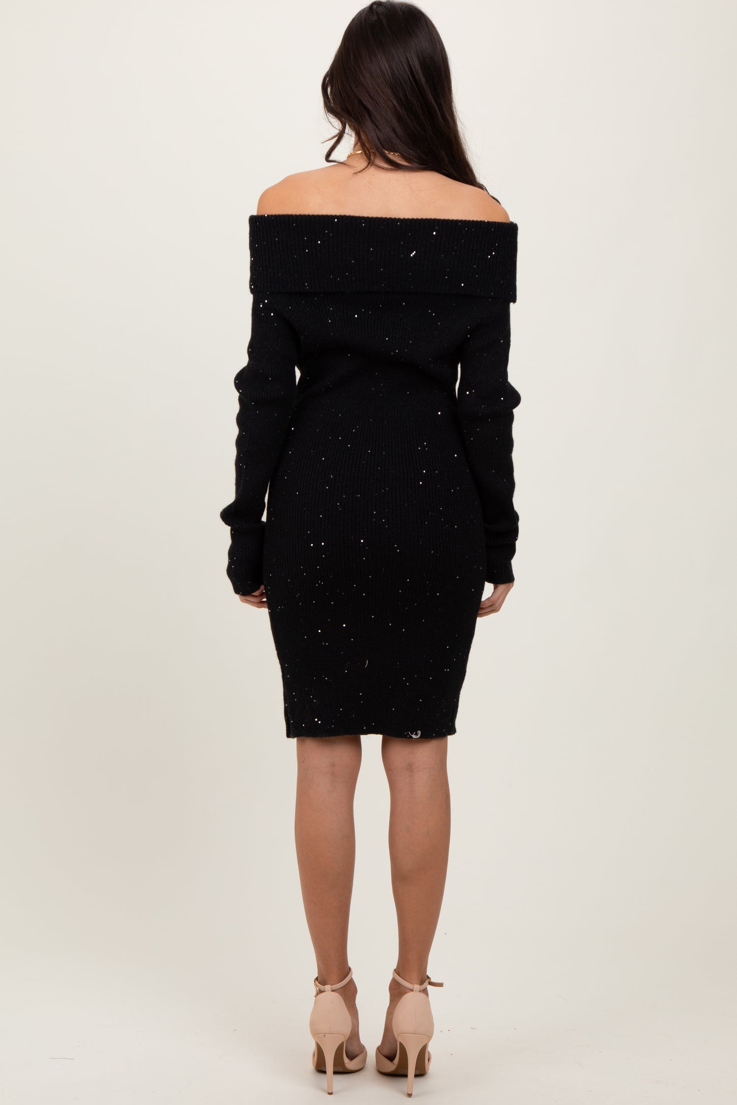 Black Off Shoulder Short Sequin Sweater Dress PinkBlush Black Off Shoulder Short Sequin Sweater Dress PinkBlush