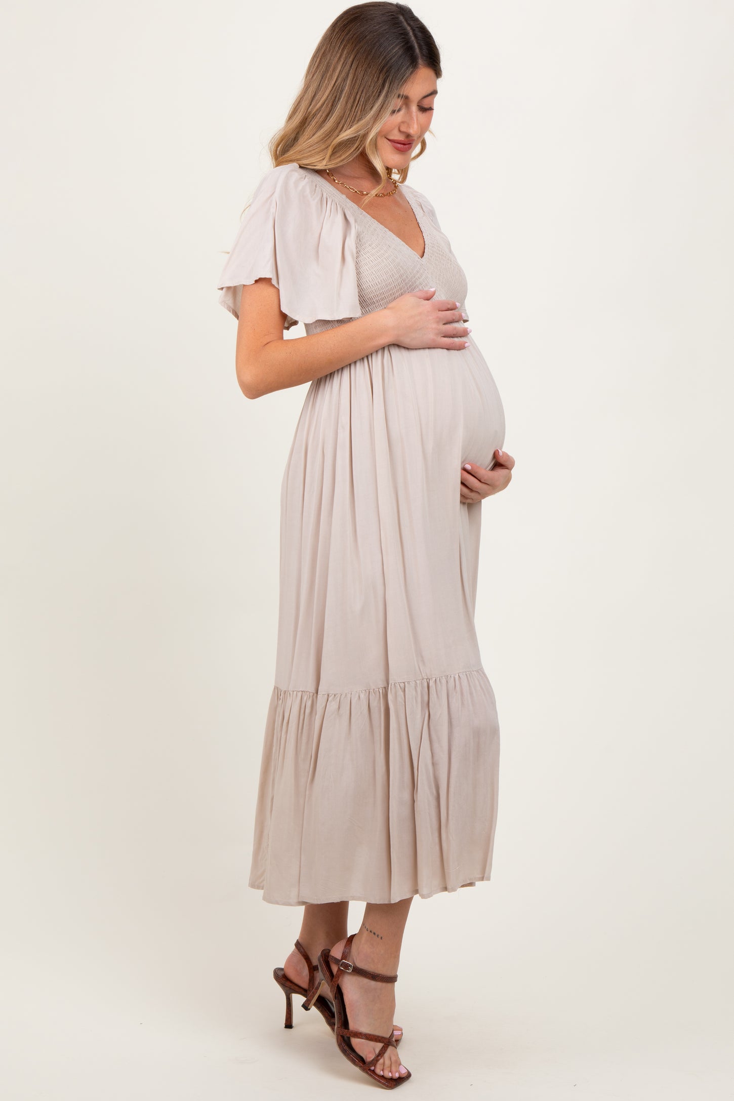 cream flutter sleeve dress Juliana Flutter Sleeve Maxi Dress