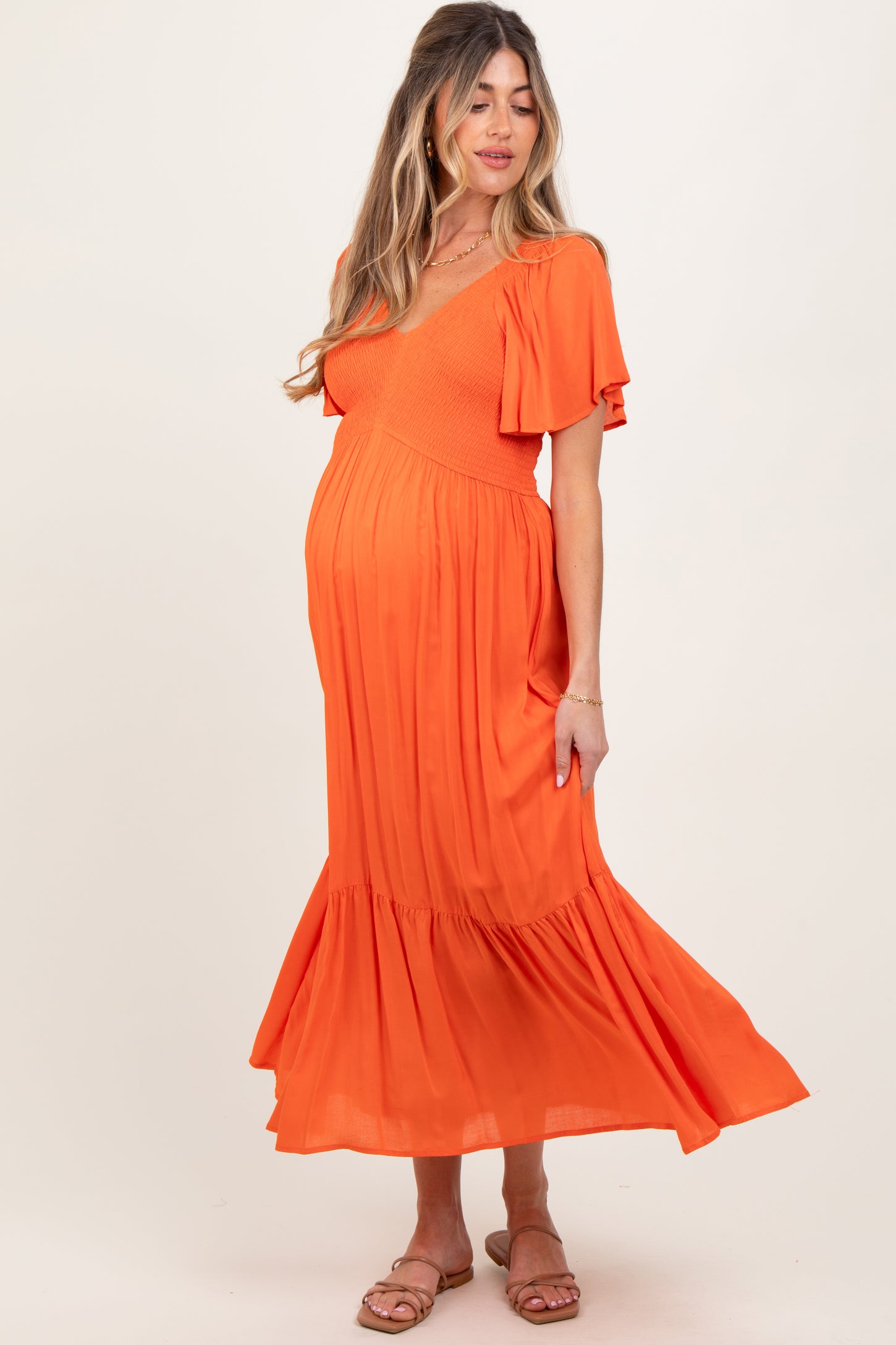 orange flutter sleeve dress Vibrant Orange Eyelet Dress With Flutter Sleeves