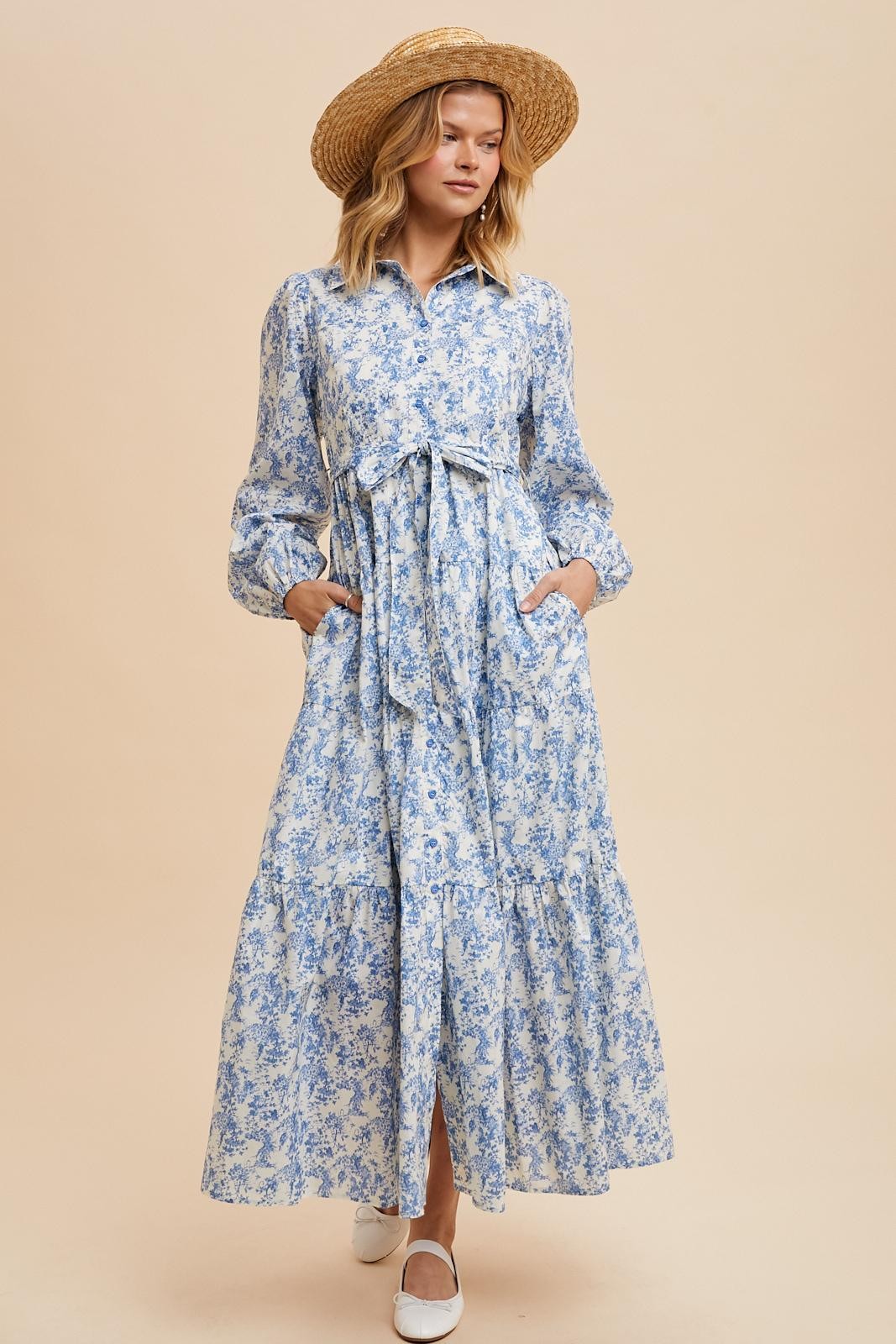 Light Blue Cotton Toile Print Button Down Maxi Dress – PinkBlush