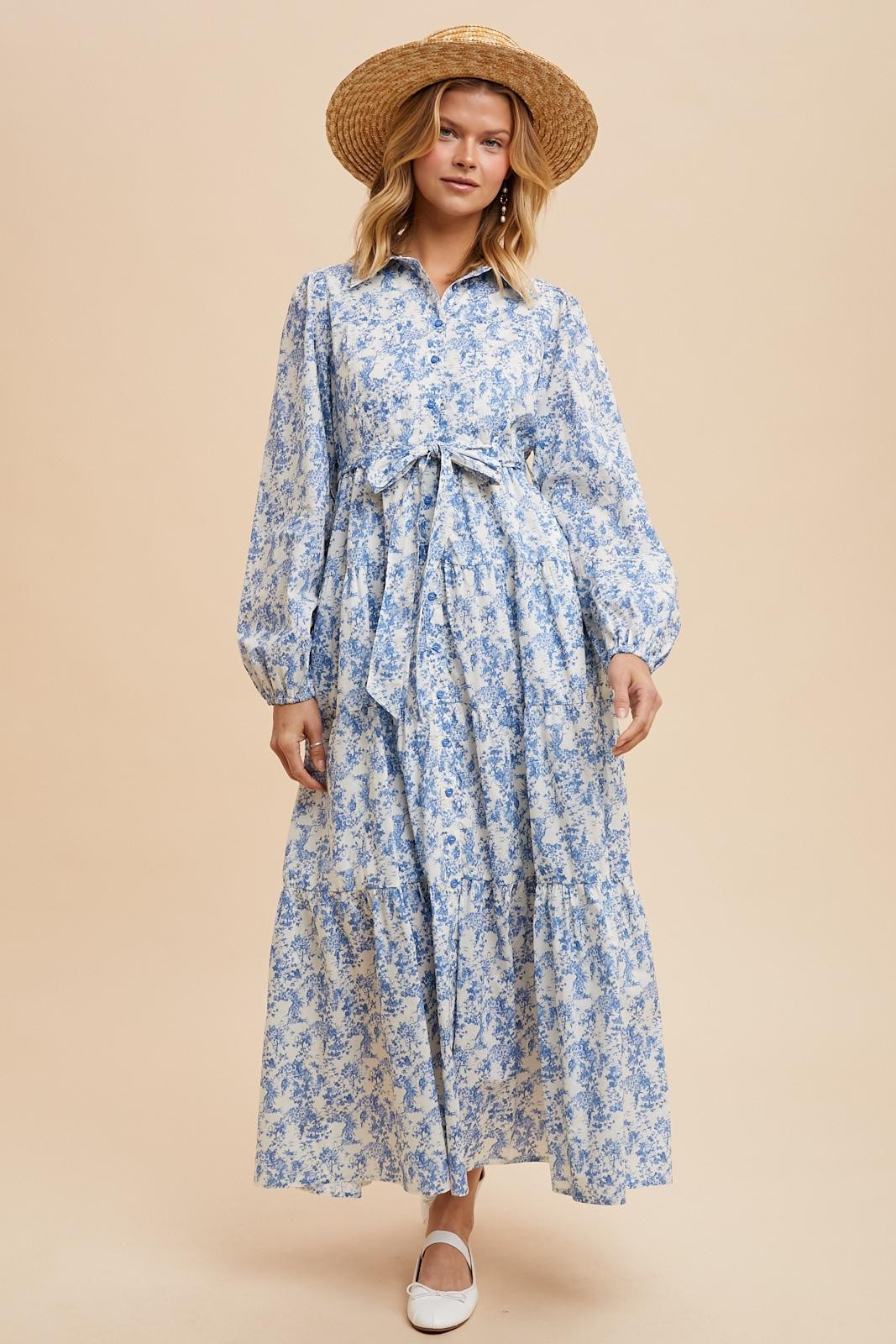 Light Blue Cotton Toile Print Button Down Maxi Dress – PinkBlush