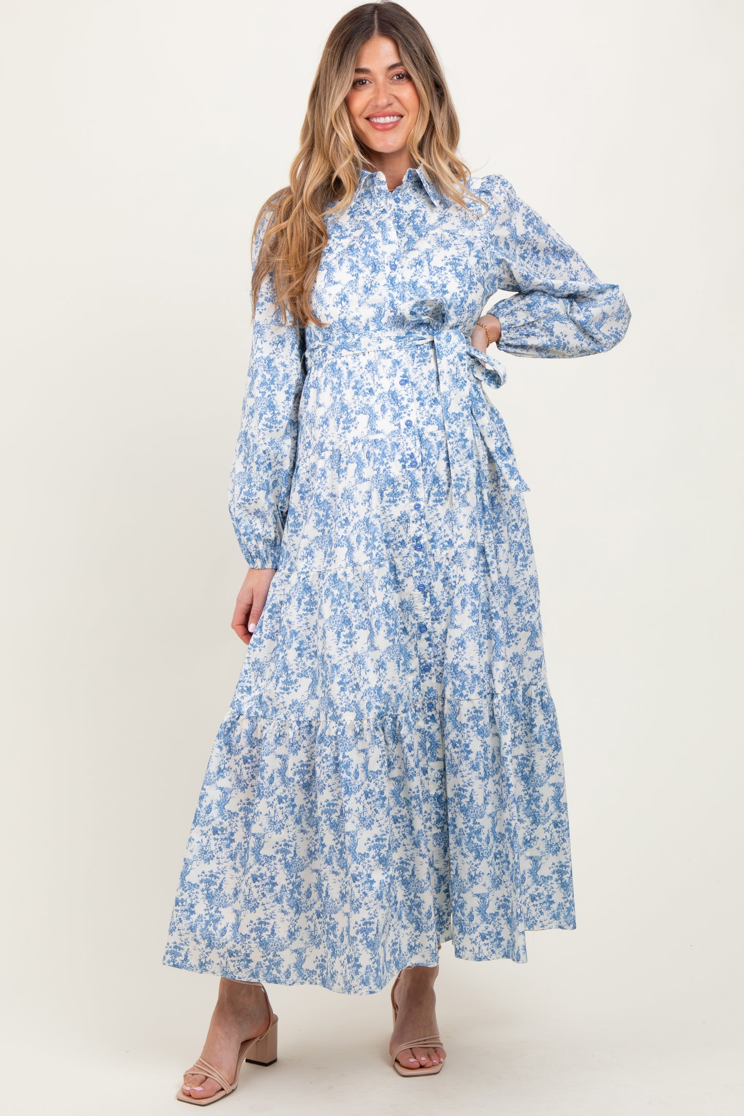Light Blue Cotton Toile Print Button Down Maternity Maxi Dress – PinkBlush Light Blue Cotton Toile Print Button Down Maternity Maxi Dress – PinkBlush