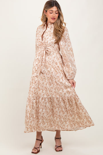 Mocha Cotton Toile Print Button Down Maternity Maxi Dress