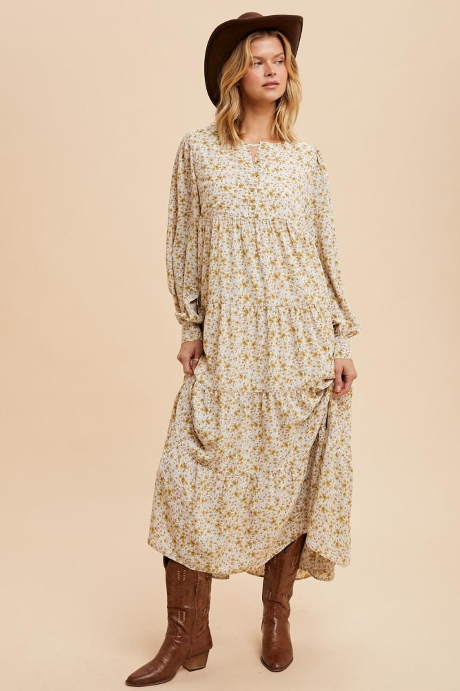 Yellow Printed Tiered Maternity Maxi Dress