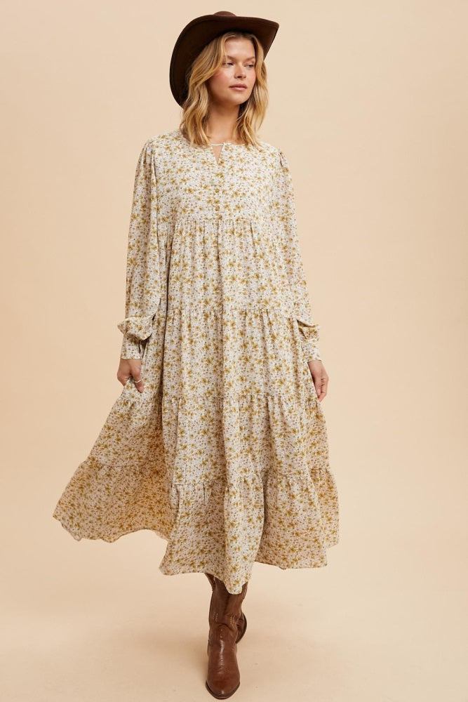 Yellow Printed Tiered Maxi Dress