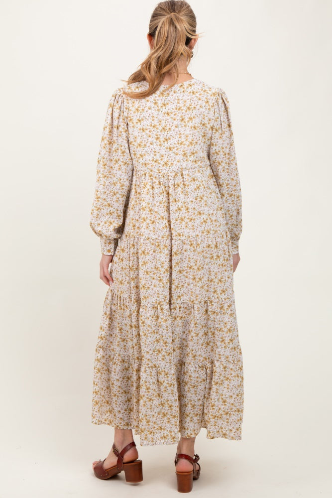 Yellow Printed Tiered Maternity Maxi Dress