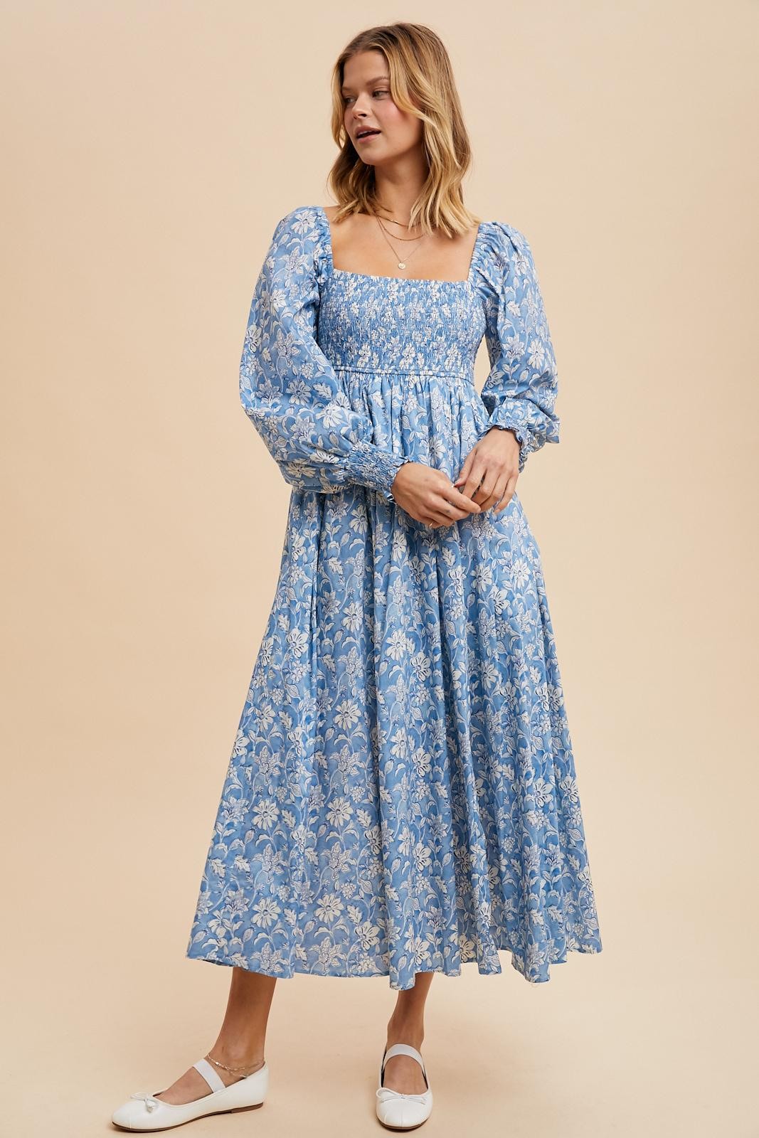 Light Blue Smocked Cotton Floral Maternity Maxi Dress Light Blue Smocked Cotton Floral Maternity Maxi Dress