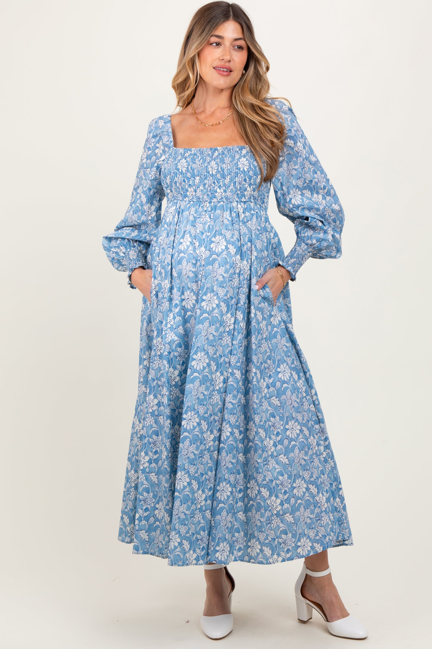 Light Blue Smocked Cotton Floral Maternity Maxi Dress PinkBlush Light Blue Smocked Cotton Floral Maternity Maxi Dress PinkBlush