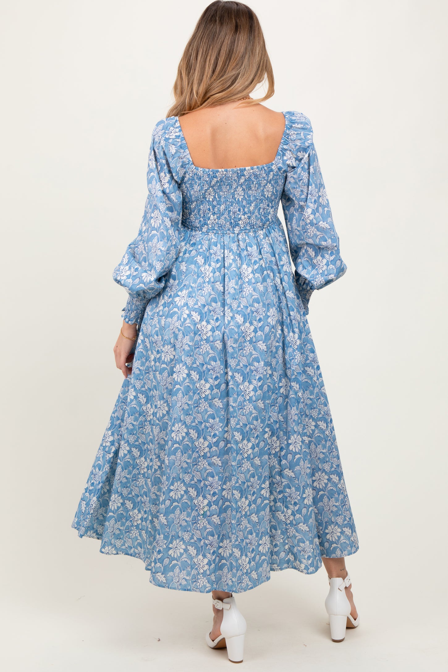 Light Blue Smocked Cotton Floral Maternity Maxi Dress Light Blue Smocked Cotton Floral Maternity Maxi Dress